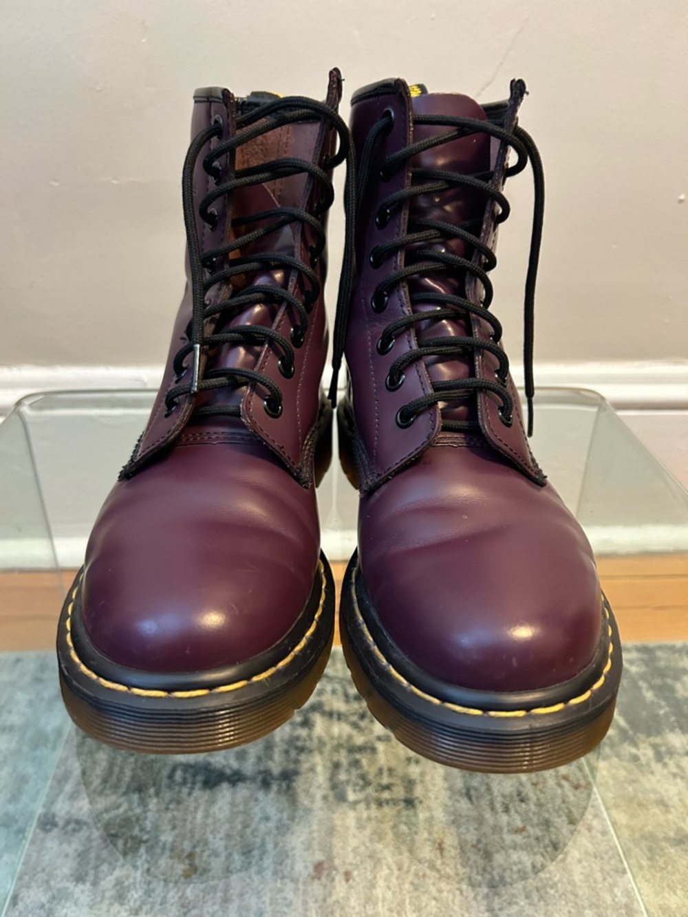 Dr. Martens Plum Leather 8-Eye Lace-Up Boots with Yellow Welt Stitching
